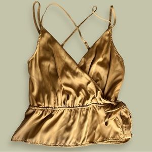 LOVE TREE silky, gold surplice tank top. Size medium